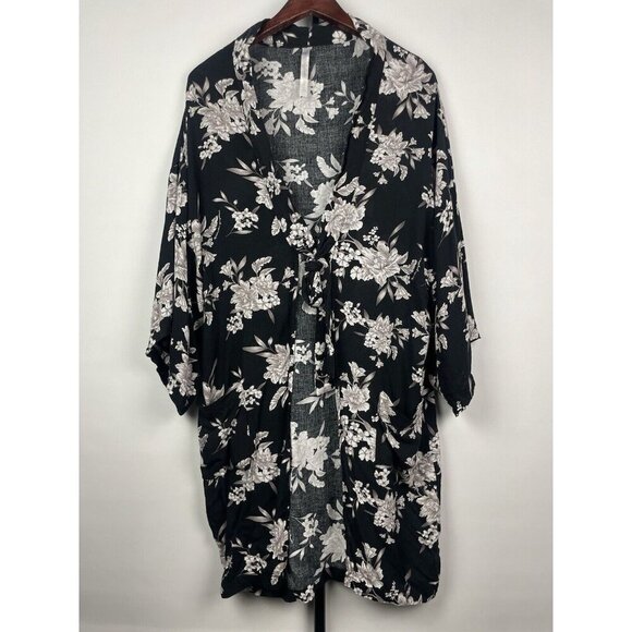 Spiritual Gangster Black White Floral Tie Front Swim Maya Kimono Robe OS - Picture 1 of 6